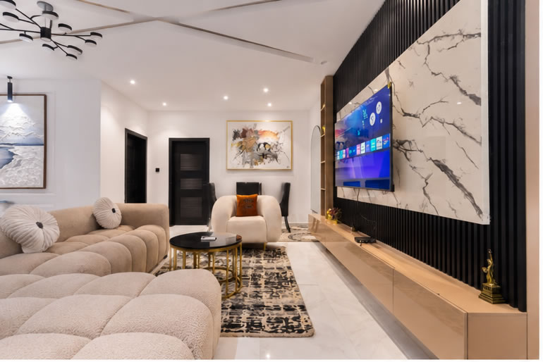 Modern living room of The Sterling Suite duplex apartment